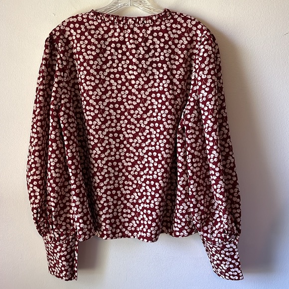 C+D+M Collection Cherry Print Flowy Blouse Balloon Sleeves Ruffle Split Neck - Picture 9 of 16